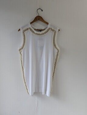 Twin-Set White Cotton Tank with Tulle and Pearl Bead Trim TS829W Size Medium NWT